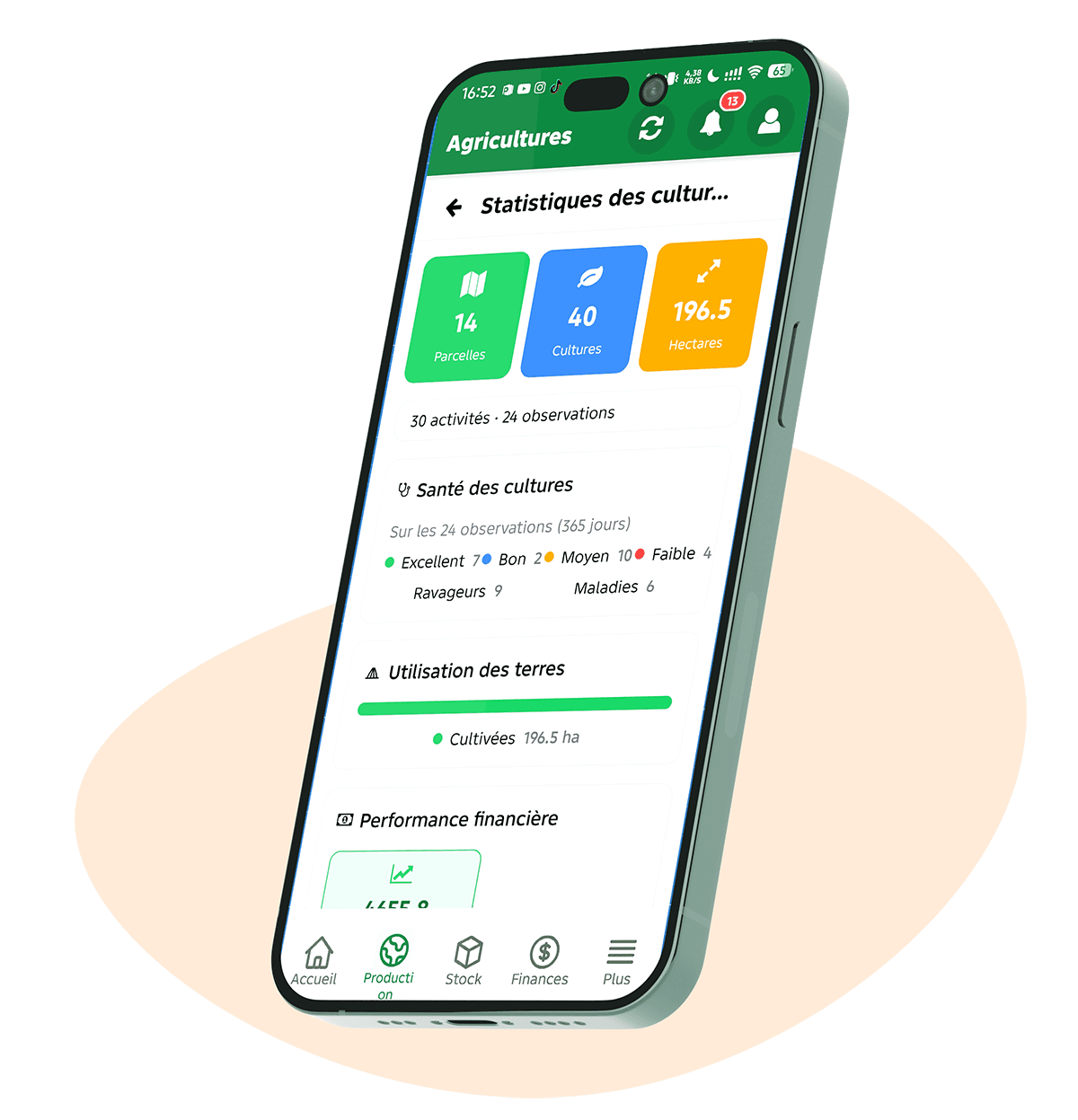 L’application Elenca sur mobile, affichant les statistiques des cultures